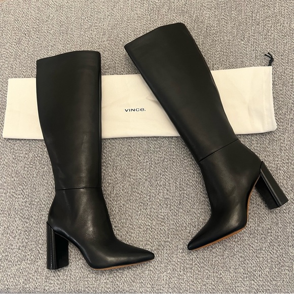 Vince Pilar Black Leather Knee Tall Boot Zip Block Stacked Heel 5.5M 35.5M - Picture 2 of 10